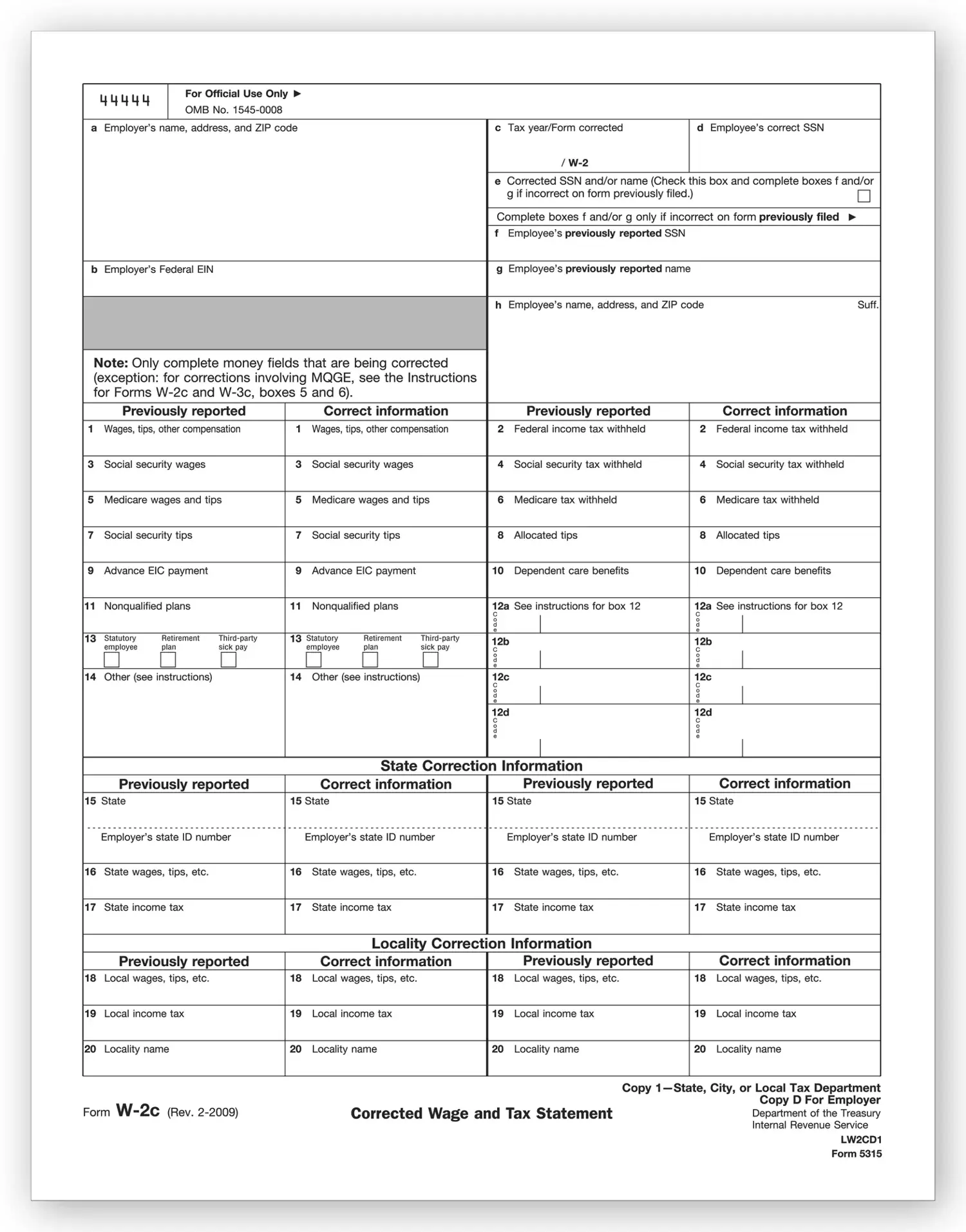 Laser W-2C Tax Forms - State, City or Local Copy 1 or D