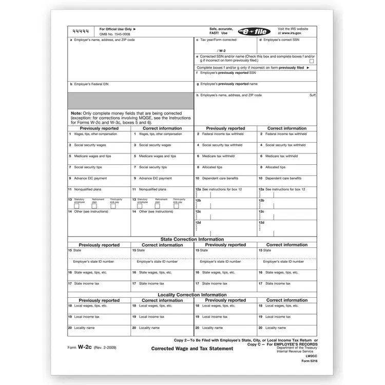 Laser W-2C Tax Forms - Employee Copy 2 or C