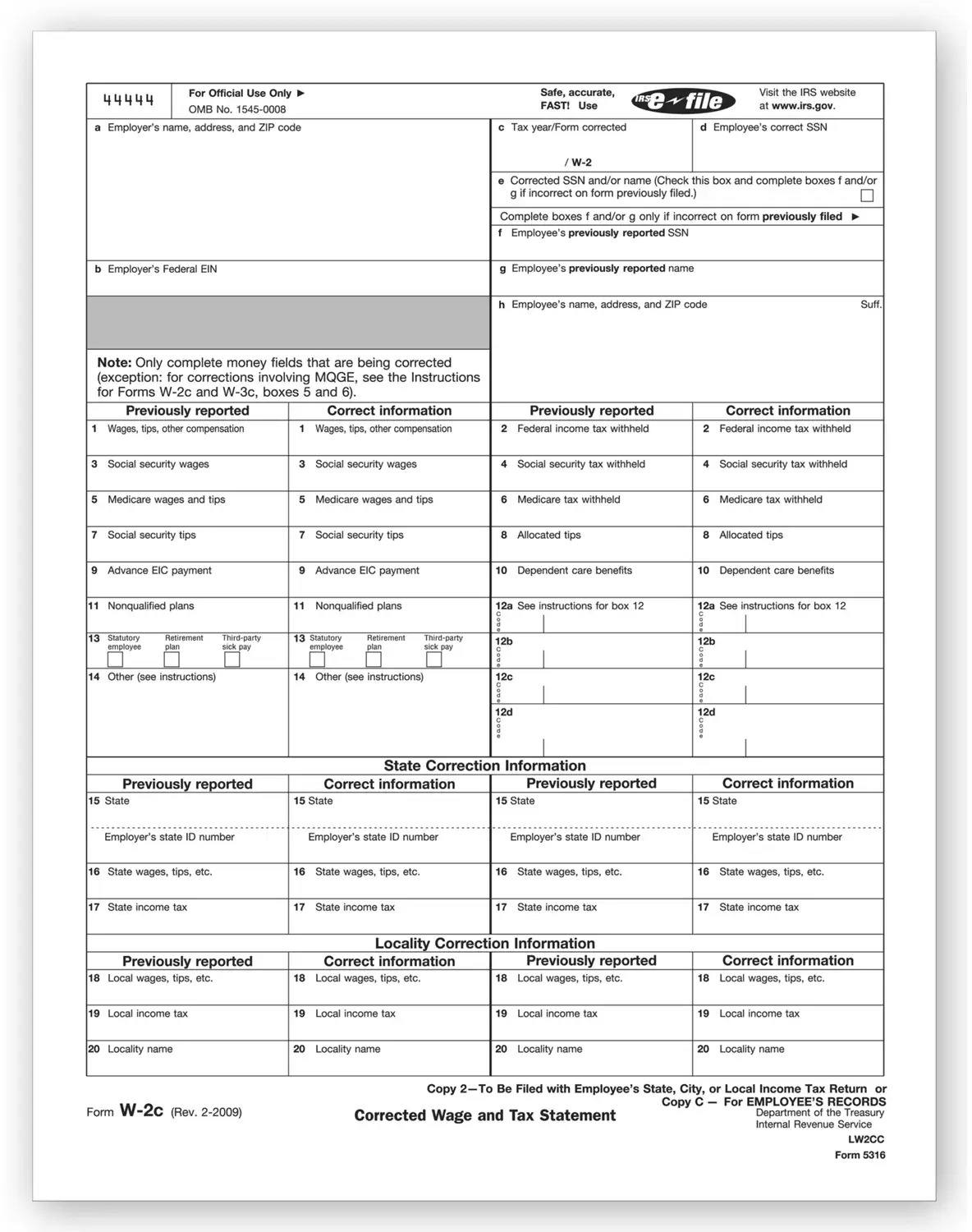 Laser W-2C Tax Forms - Employee Copy 2 or C