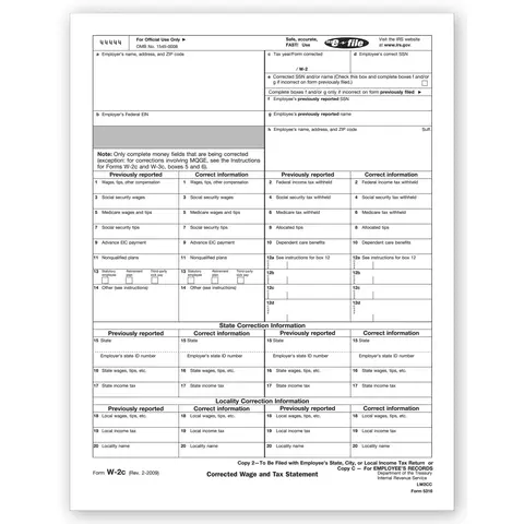 Laser W-2C Tax Forms - Employee Copy 2 or C