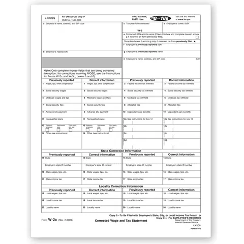 Laser W-2C Tax Forms - Employee Copy 2 or C
