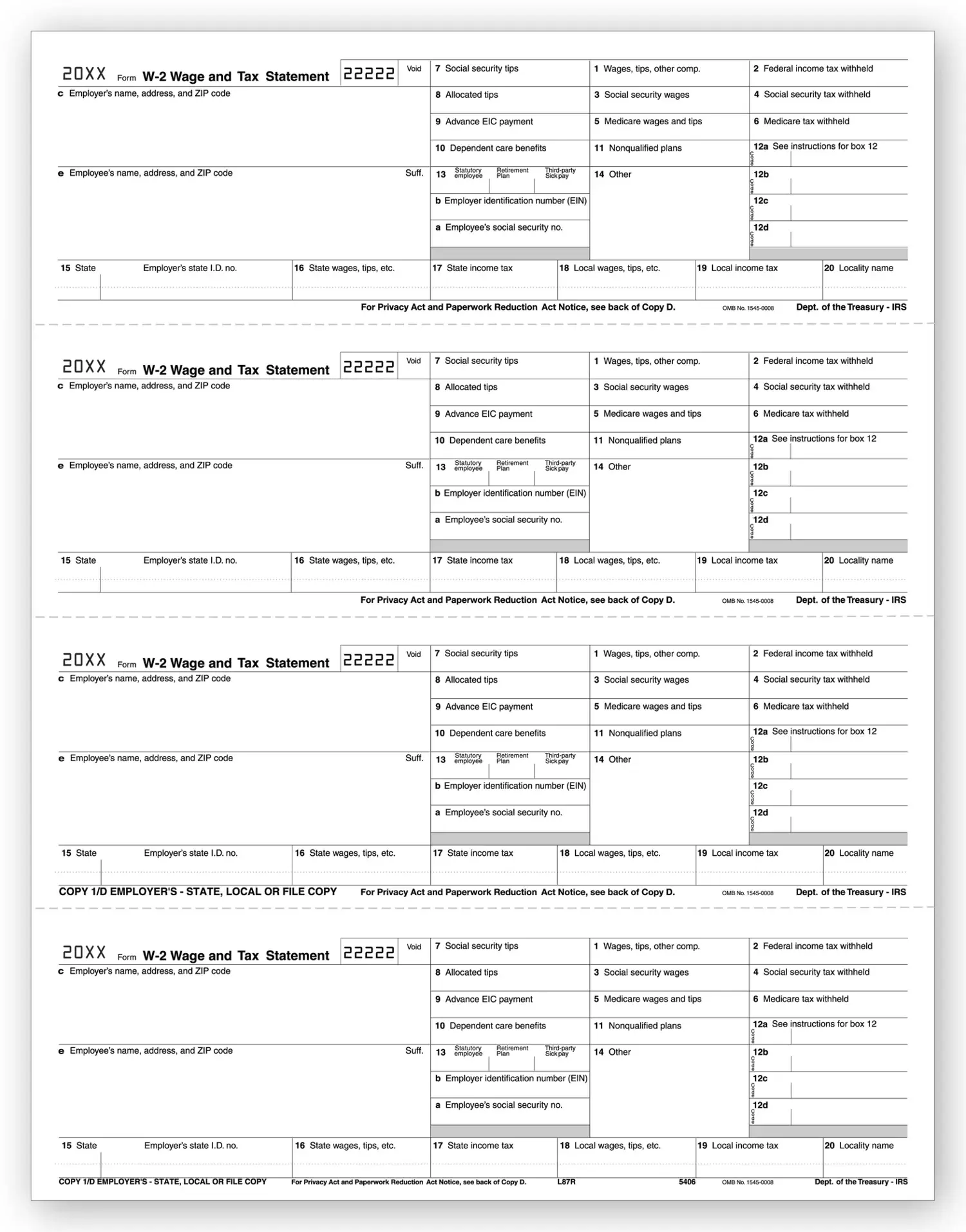 4-Up  Laser W-2 Tax Forms - Copy 1, Horizontal