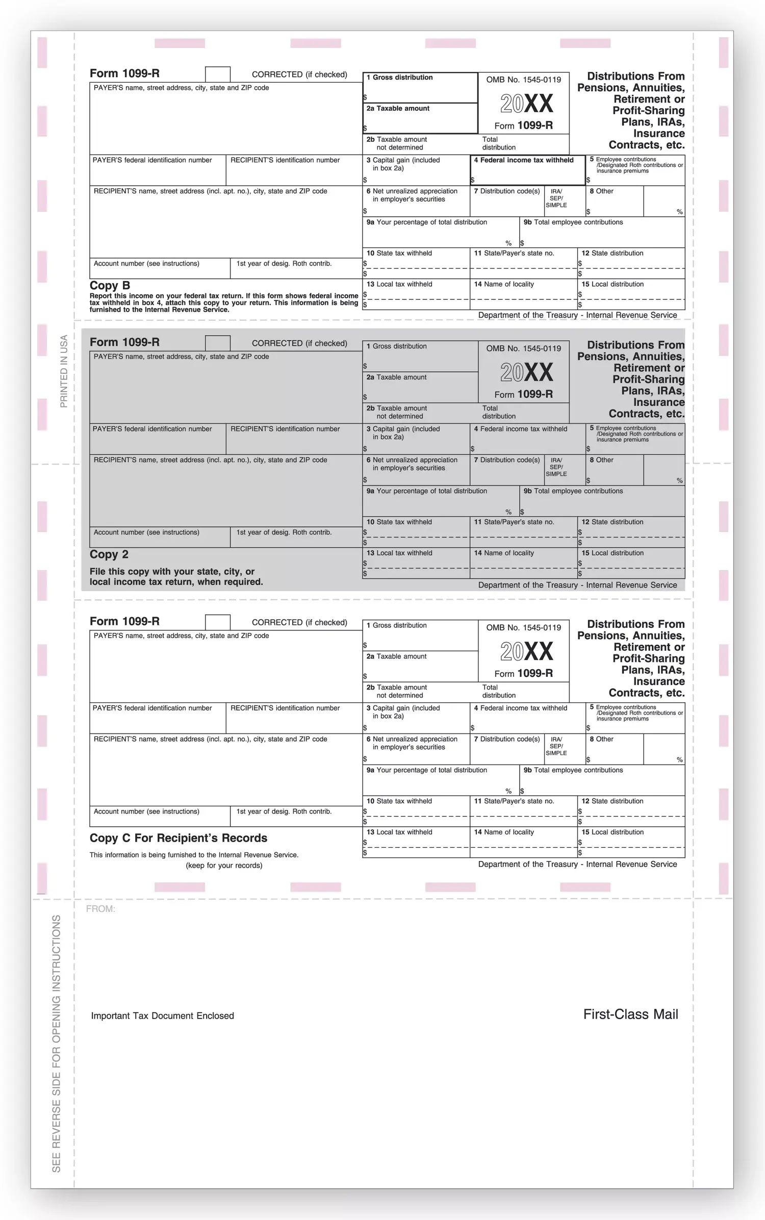 Laser 1099-R Tax Forms - Horizontal, Pressure Seal, 3-Up