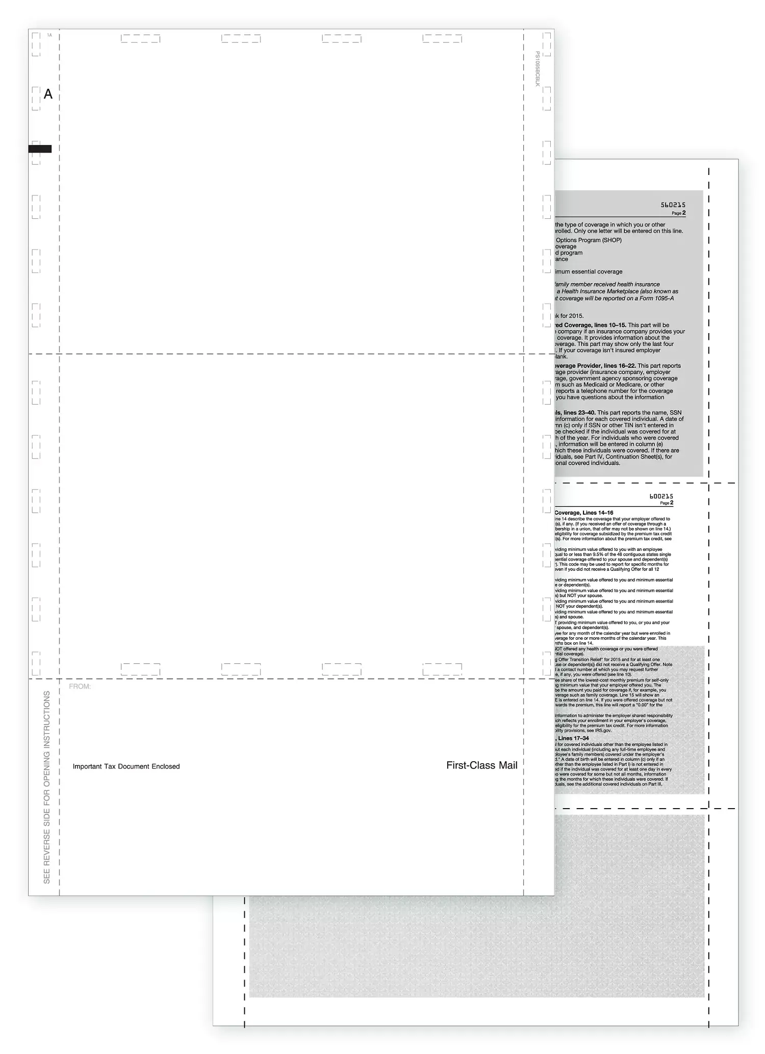 Pressure Seal Blank ACA Form 1095 w/Backer