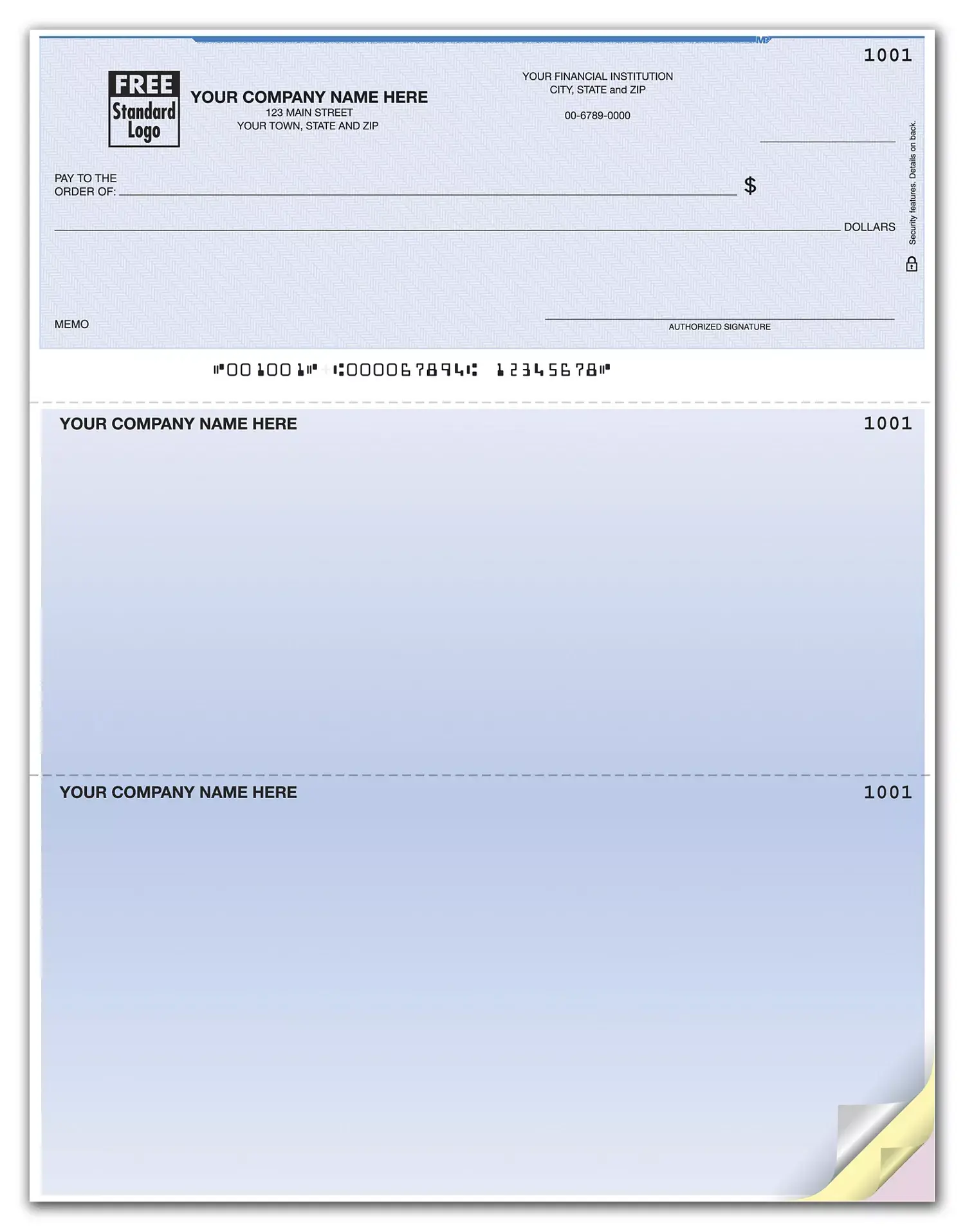QuickBooks compatible laser business check with standard security features and top layout