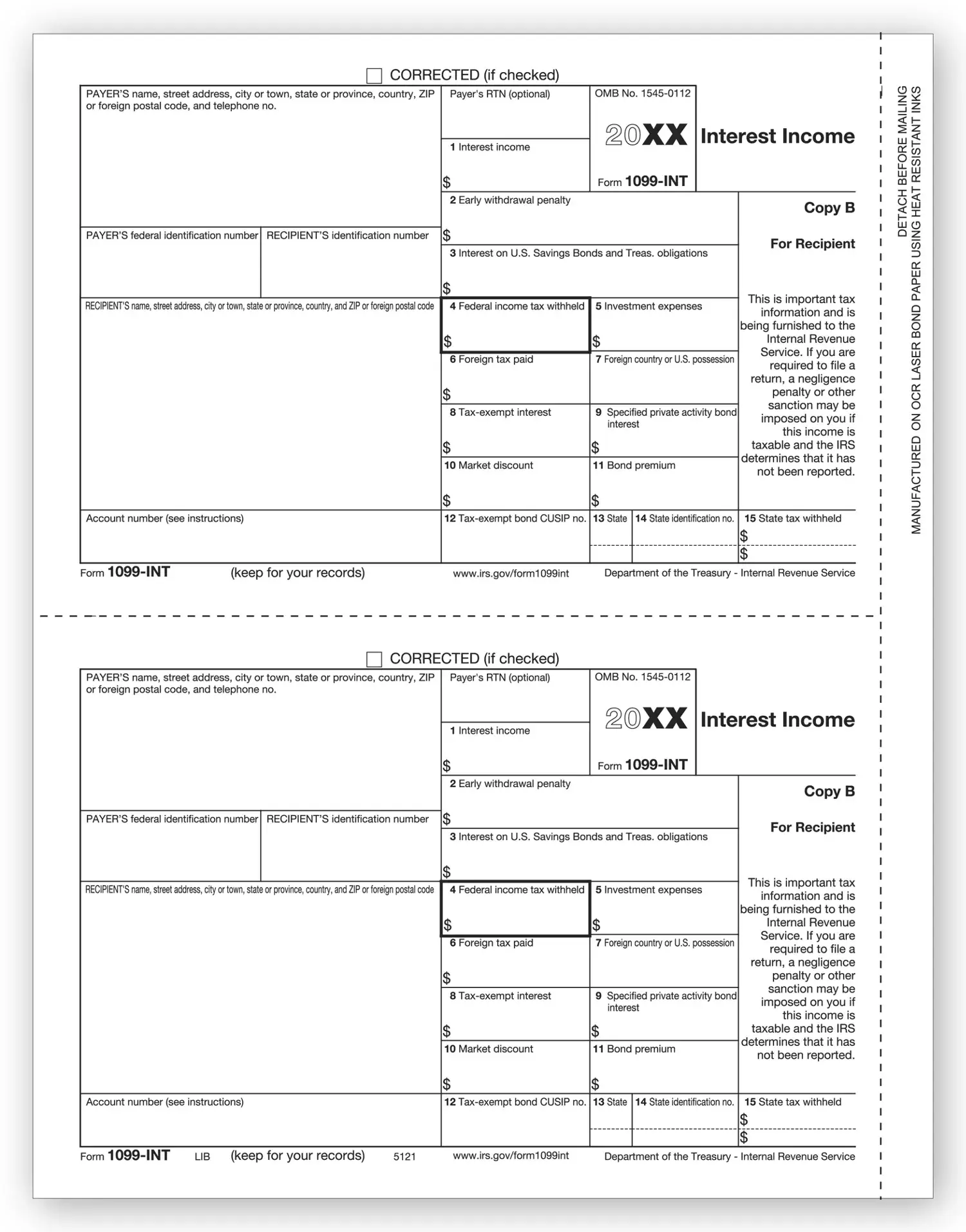 Laser Bulk 1099-INT Tax Forms,  Recipient Copy B