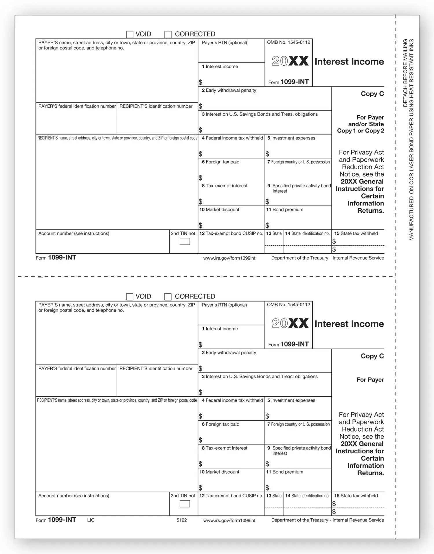 Laser Bulk 1099-INT Tax Forms, State Copy C