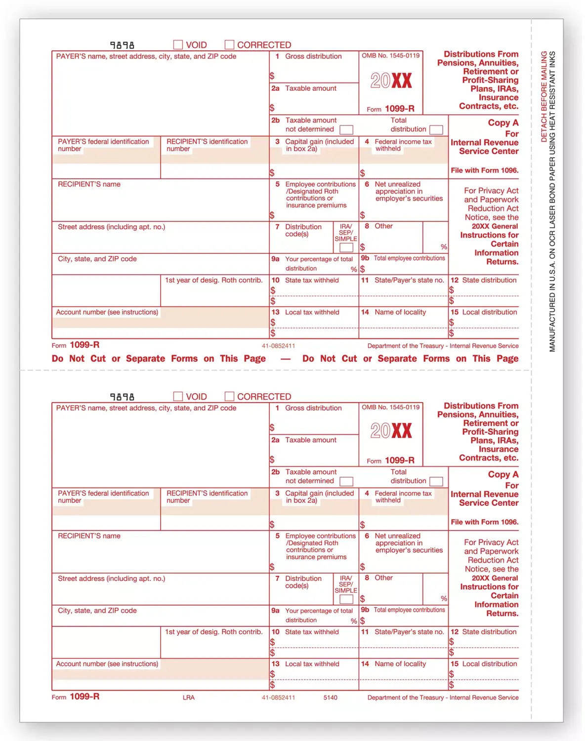 Laser Bulk 1099-R Tax Forms, Federal Copy A