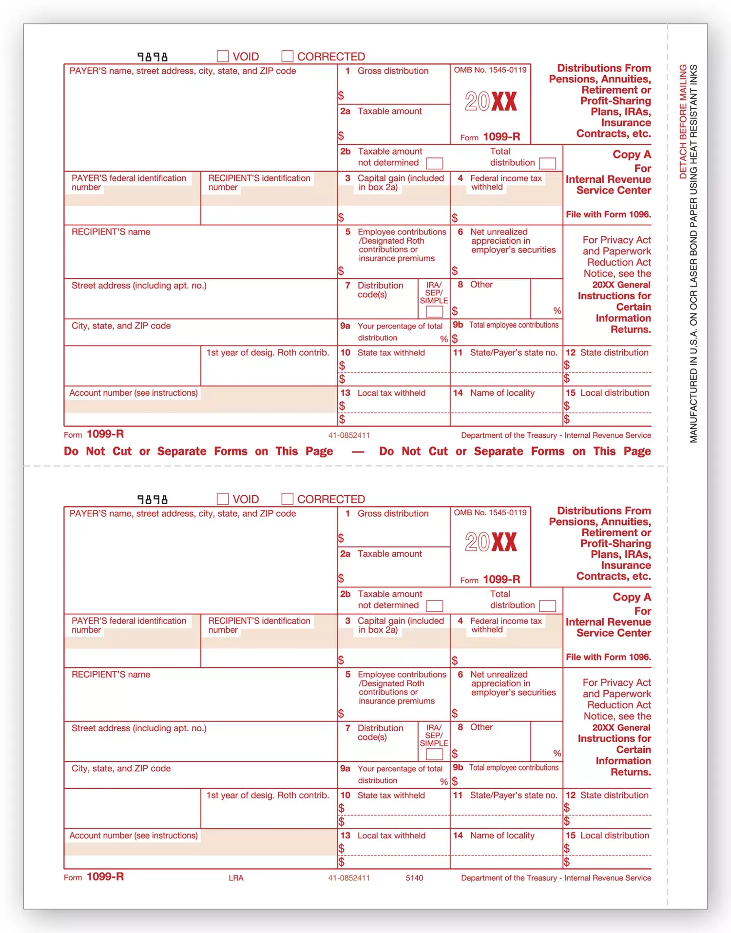 Laser Bulk 1099-R Tax Forms, Federal Copy A