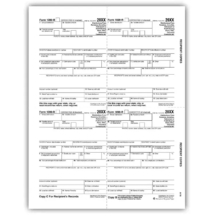 Bulk 1099-R Tax Forms - Recipient Copy B, C, 2