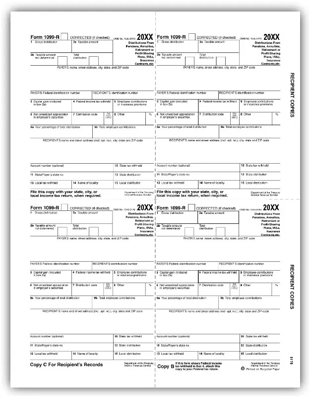 Bulk 1099-R Tax Forms - Recipient Copy B, C, 2
