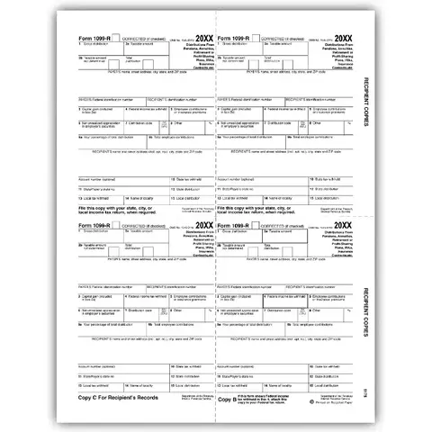 Bulk 1099-R Tax Forms - Recipient Copy B, C, 2