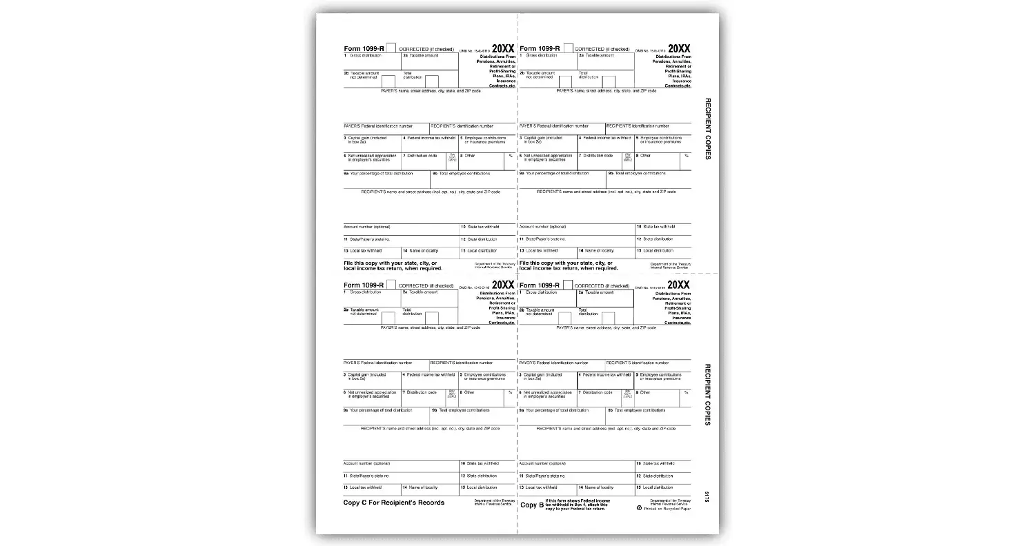 Bulk 1099-R Tax Forms - Recipient Copy B, C, 2
