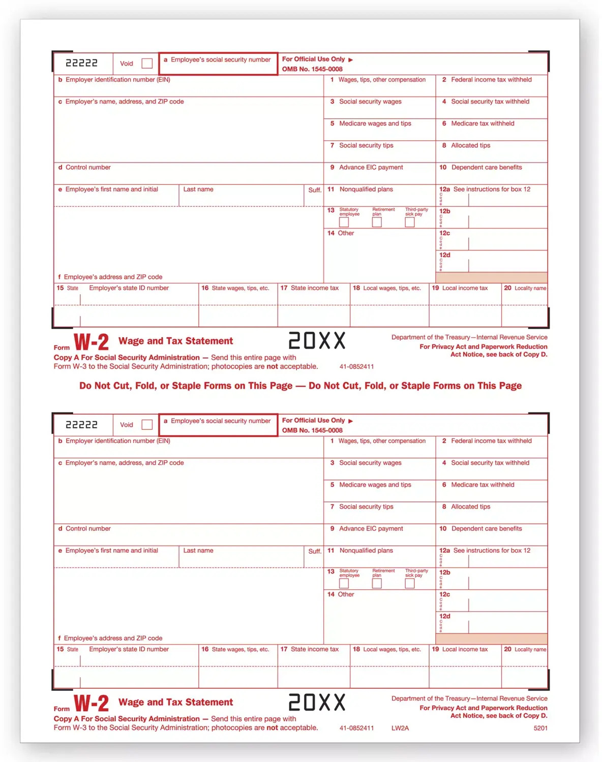 Bulk Laser W-2 Tax Forms - Federal Copy A