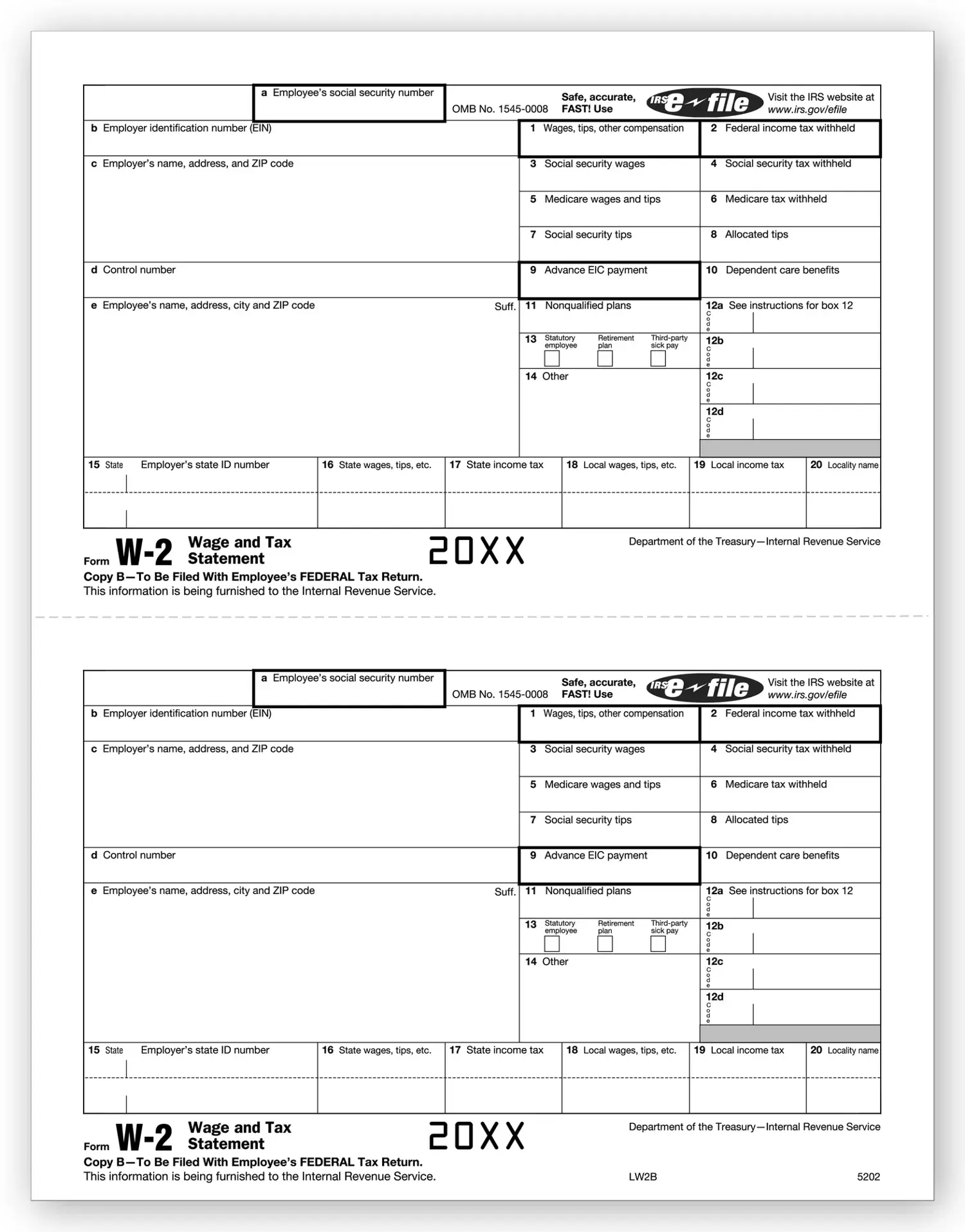 Bulk Laser W-2 Tax Forms - Employee Copy B