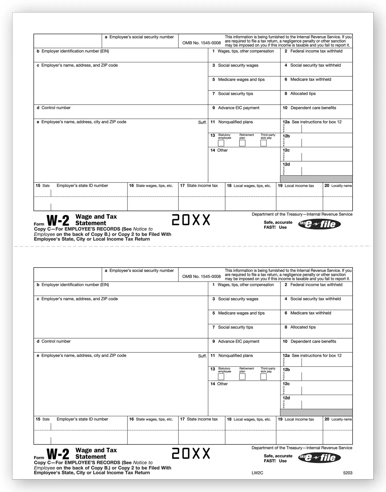 Bulk Laser W-2 Tax Forms - Employee Copy 2/Copy C