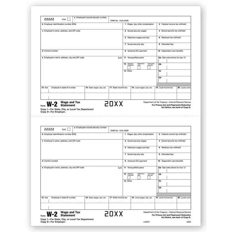 Bulk Laser W-2 Tax Forms - Employer Copy 1