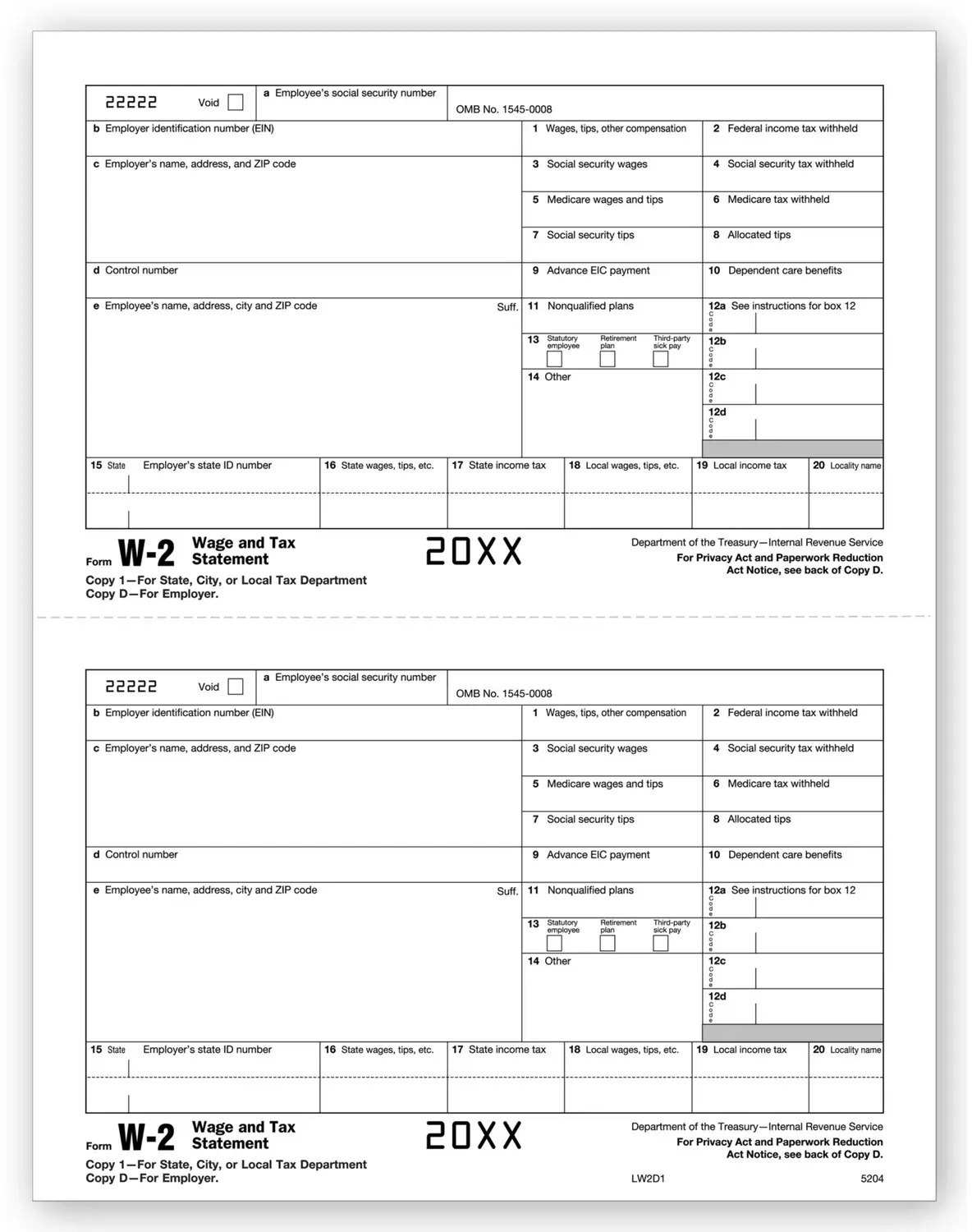 Bulk Laser W-2 Tax Forms - Employer Copy 1