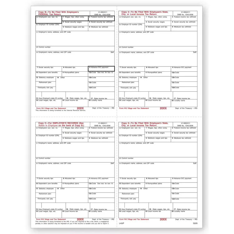 Laser Bulk W-2 Tax Forms - 4-Up