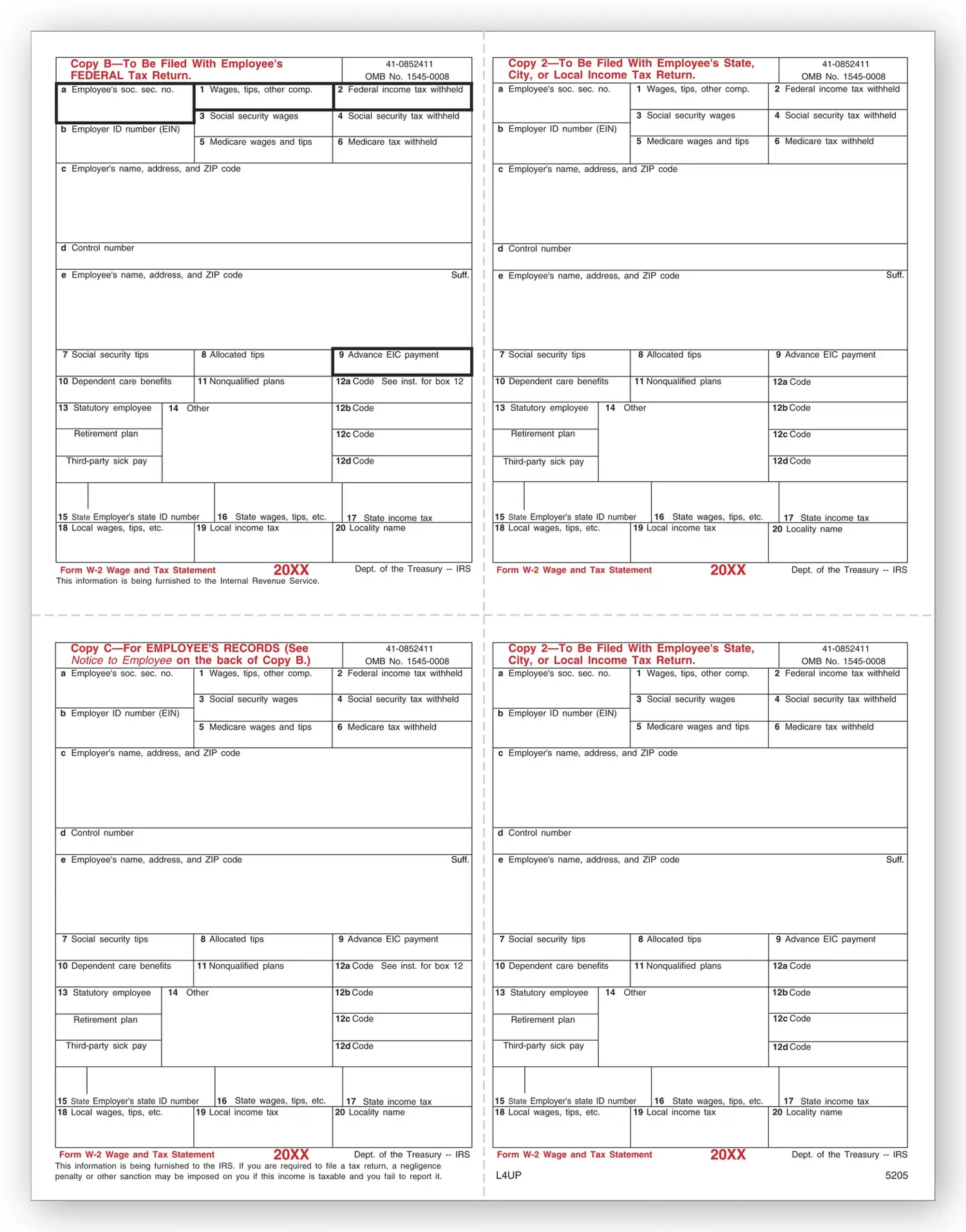 Laser W-2 Tax Forms - 4-Up