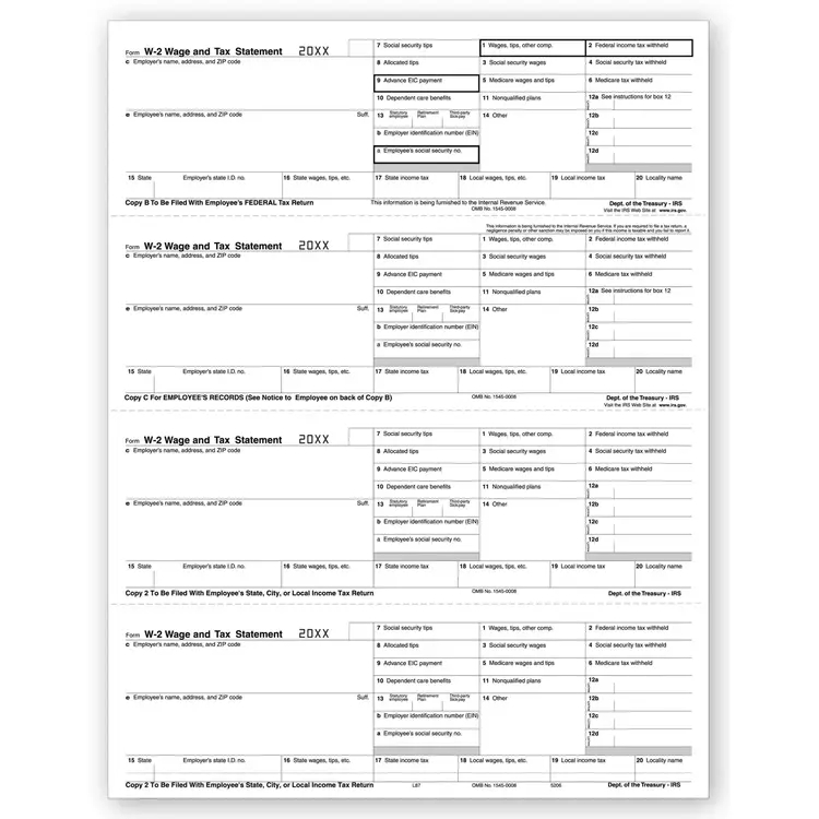 Laser Bulk W-2 Tax Forms - Horizontal Format, 4-Up