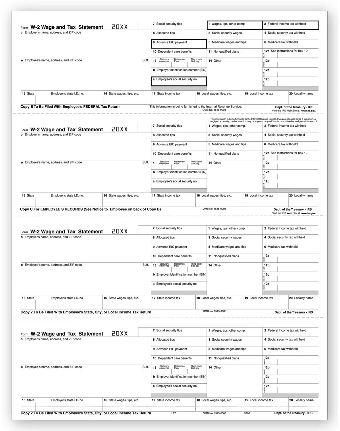Laser Bulk W-2 Tax Forms - Horizontal Format, 4-Up