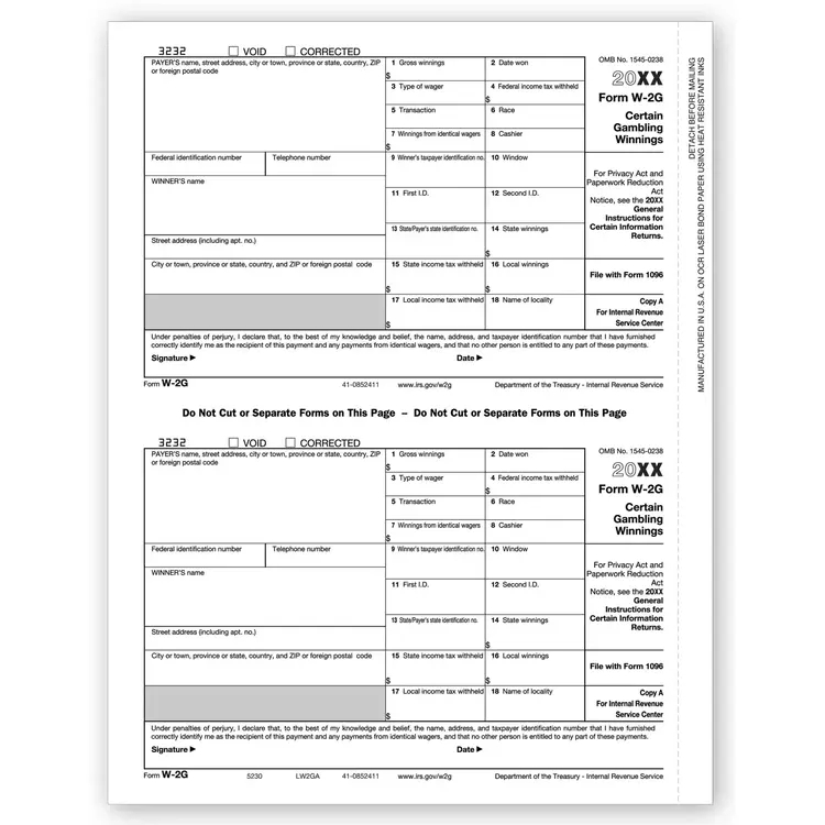 Laser W-2G Form - Federal Copy A