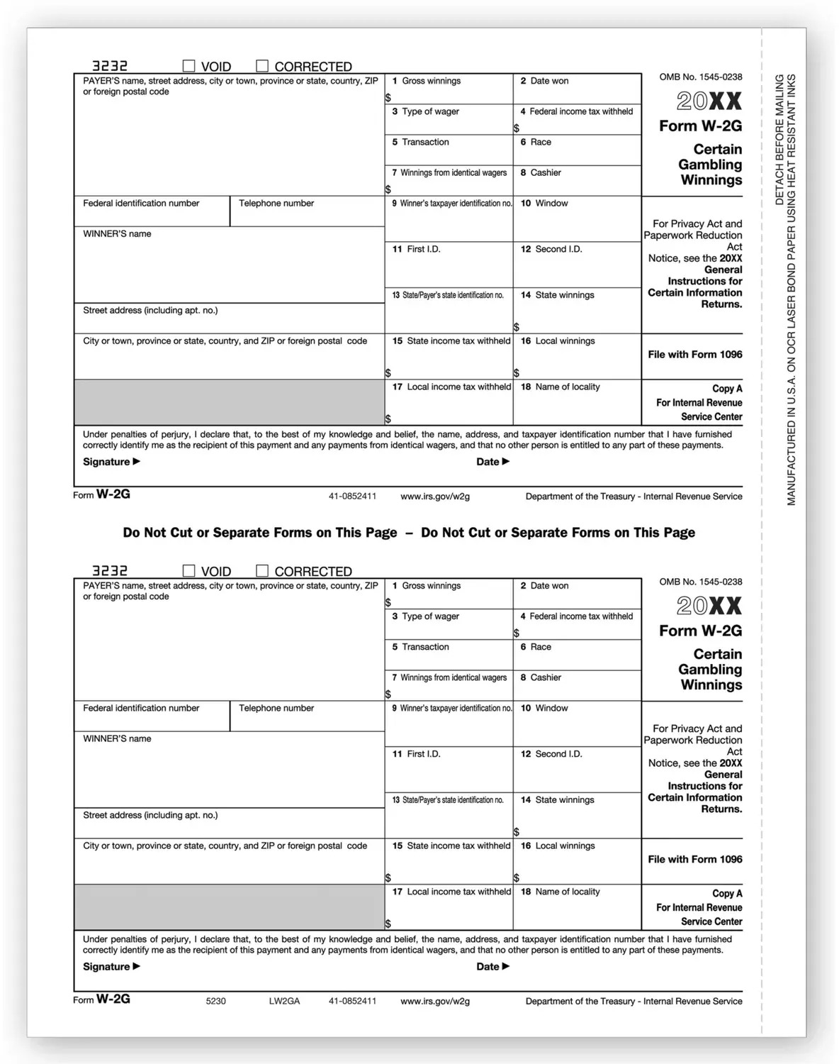 Laser W-2G Form - Federal Copy A