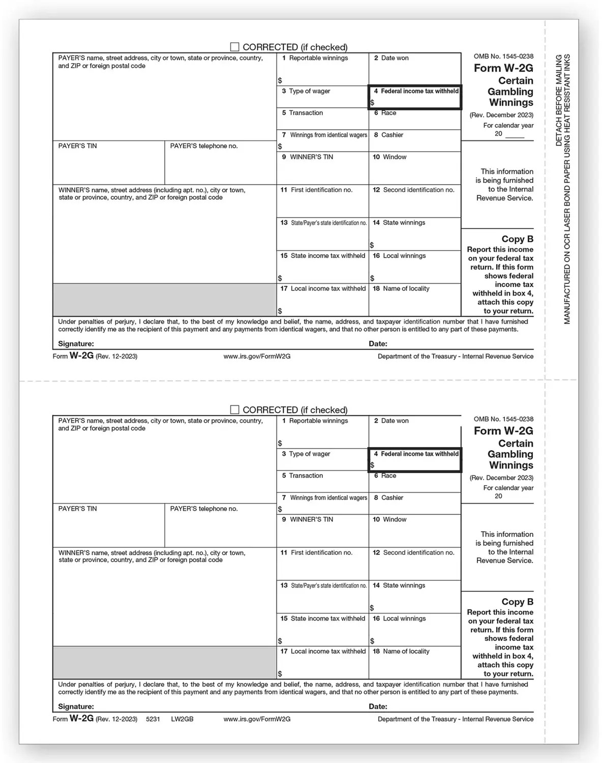 Laser W-2G Form - Copy B