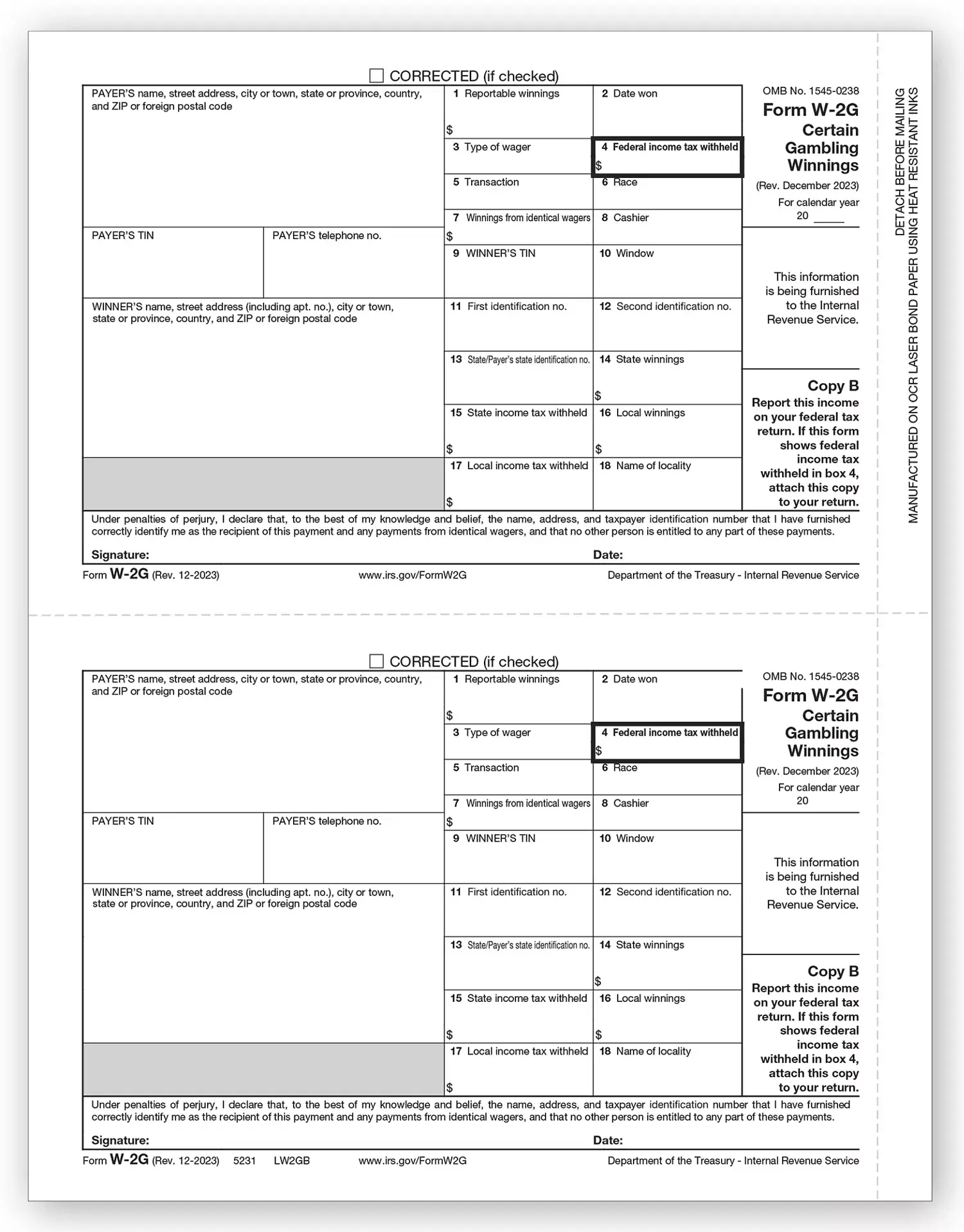 Laser W-2G Form - Copy B
