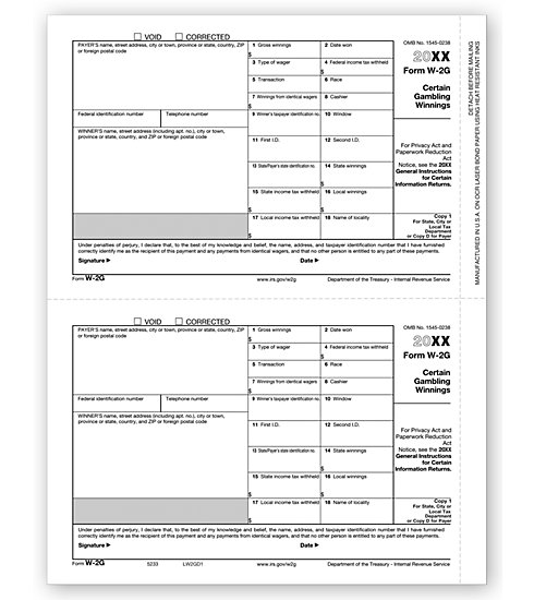 W-2G Laser Tax Forms, Copy 1 / Copy D, designed for IRS-compliant reporting of Gambling Winnings