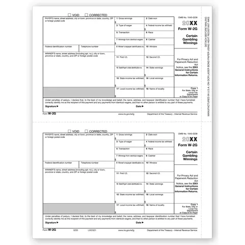 W-2G Laser Tax Forms, Copy 1 / Copy D, designed for IRS-compliant reporting of Gambling Winnings