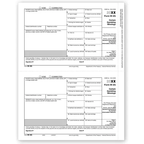 W-2G Laser Tax Forms, Copy 1 / Copy D, designed for IRS-compliant reporting of Gambling Winnings
