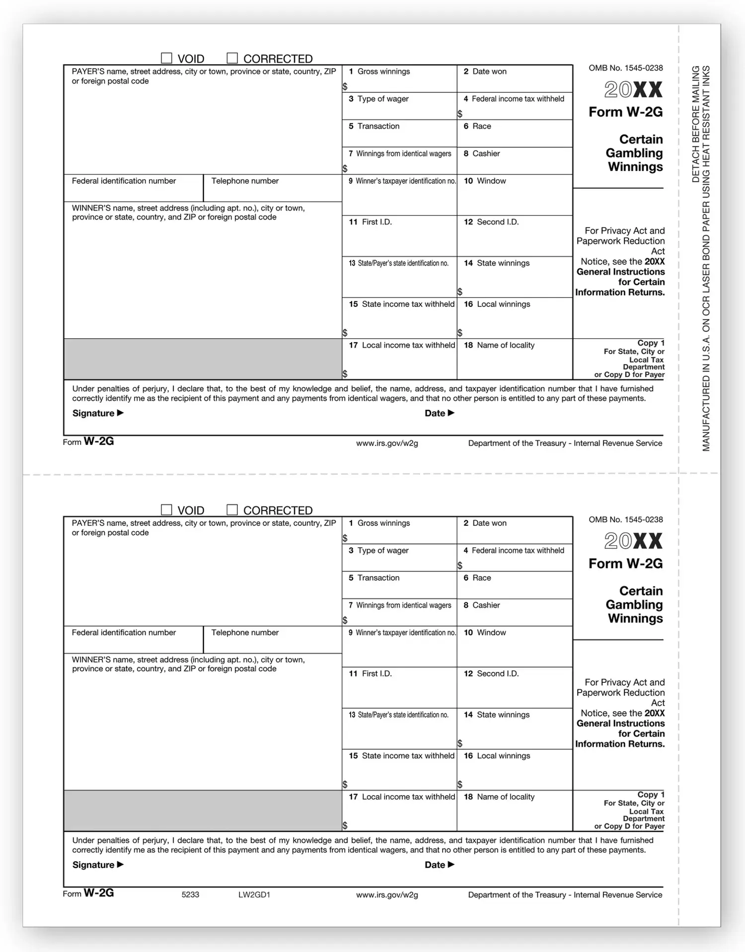 W-2G Laser Tax Forms, Copy 1 / Copy D, designed for IRS-compliant reporting of Gambling Winnings
