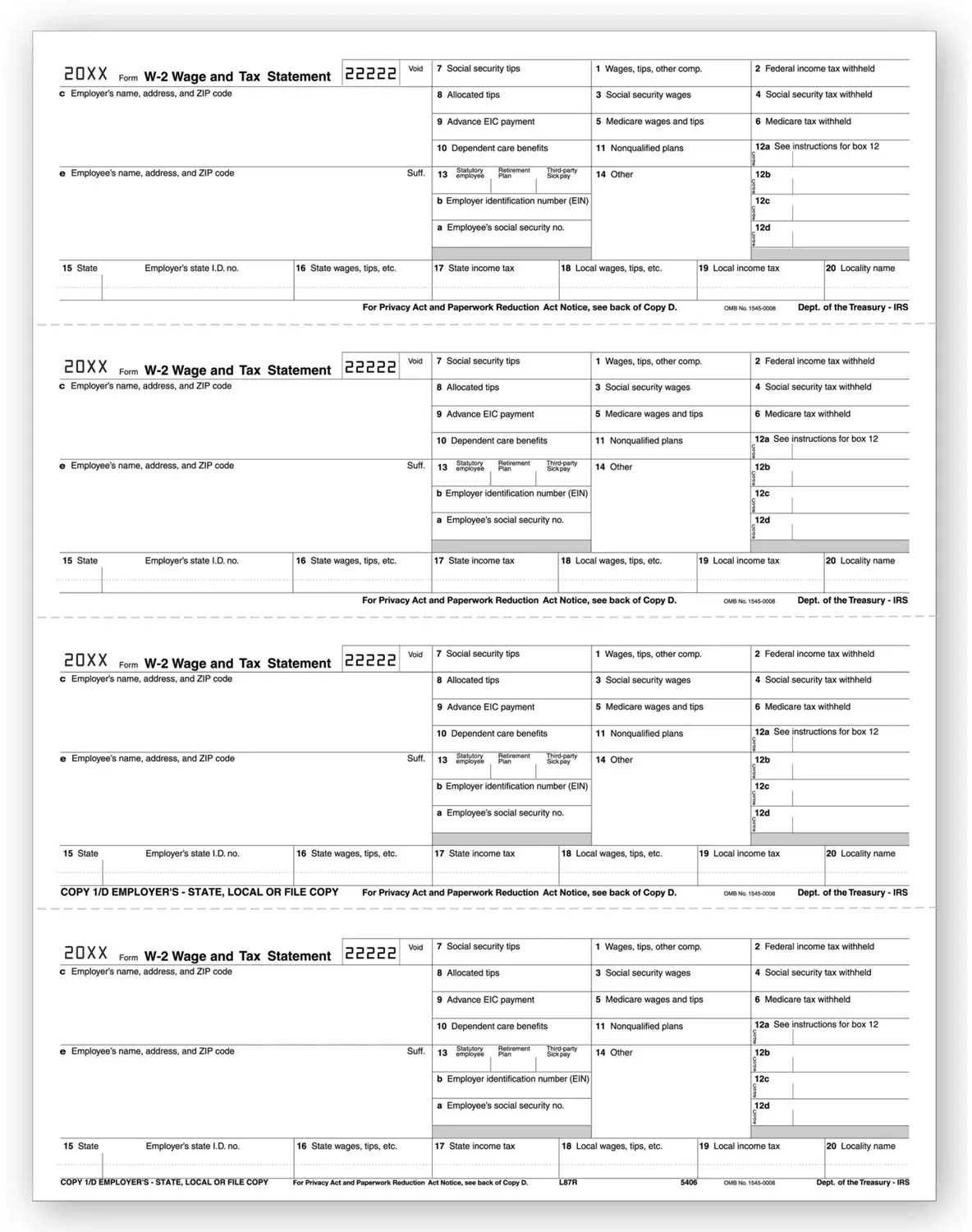 Bulk 4-Up Laser W-2 Tax Forms - Horizontal