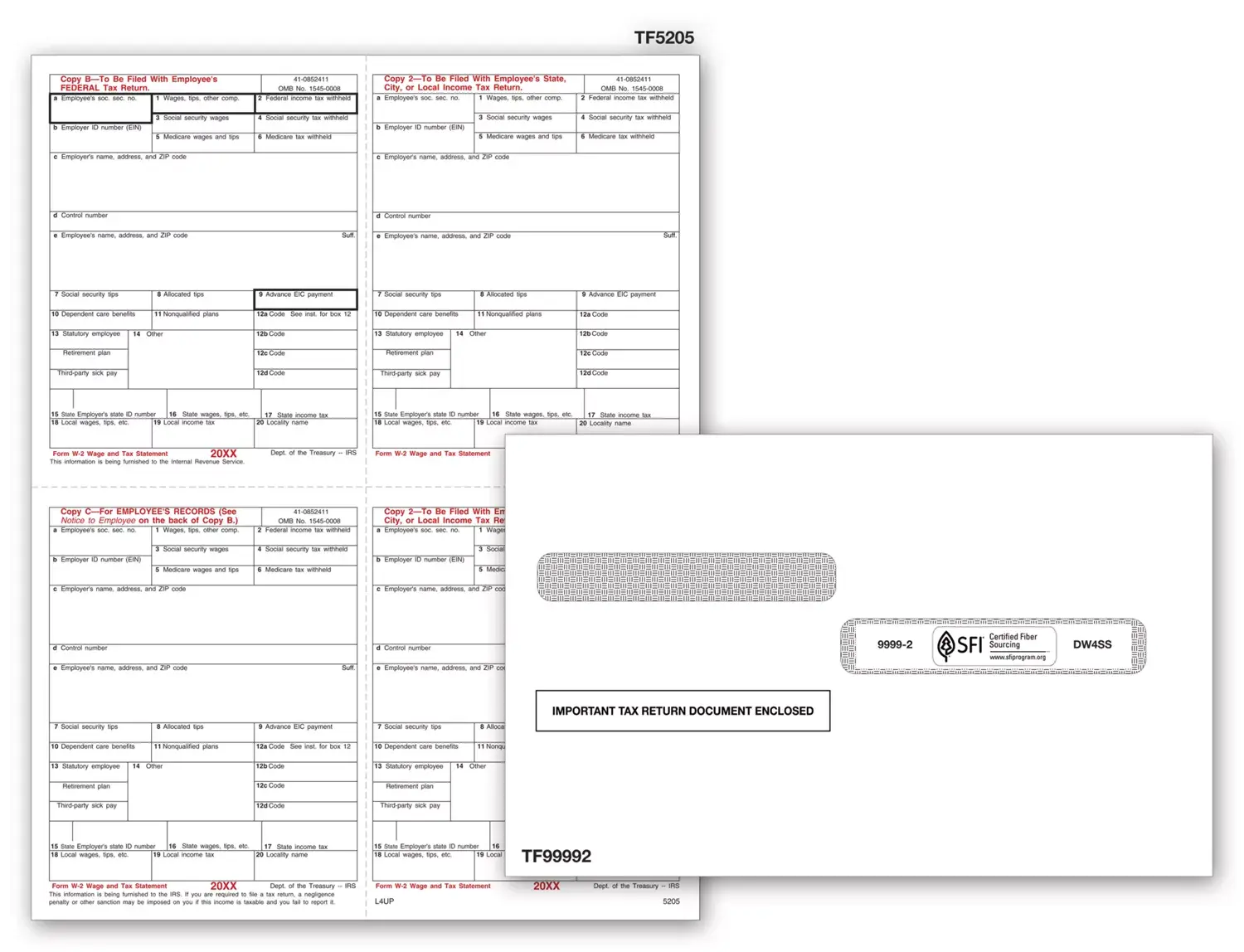 Laser W-2 Tax Forms & Envelopes - Copy B, C, 2+2