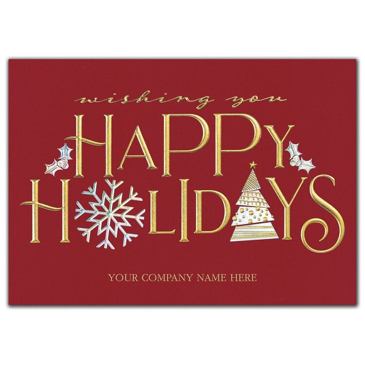 Custom printed holiday greeting cards with gold letters on red card.