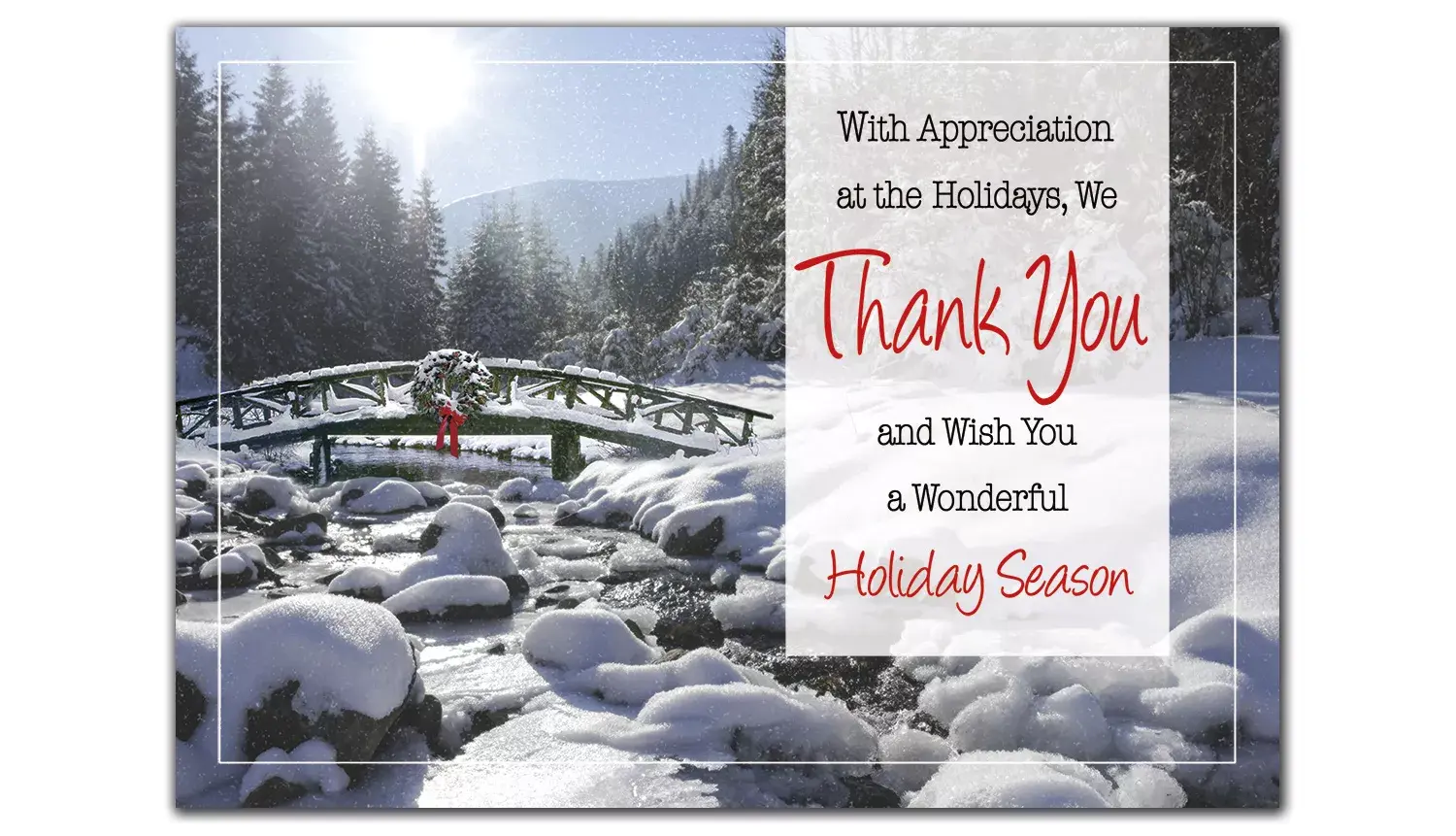 Custom printed holiday greeting cards with gratitude message.