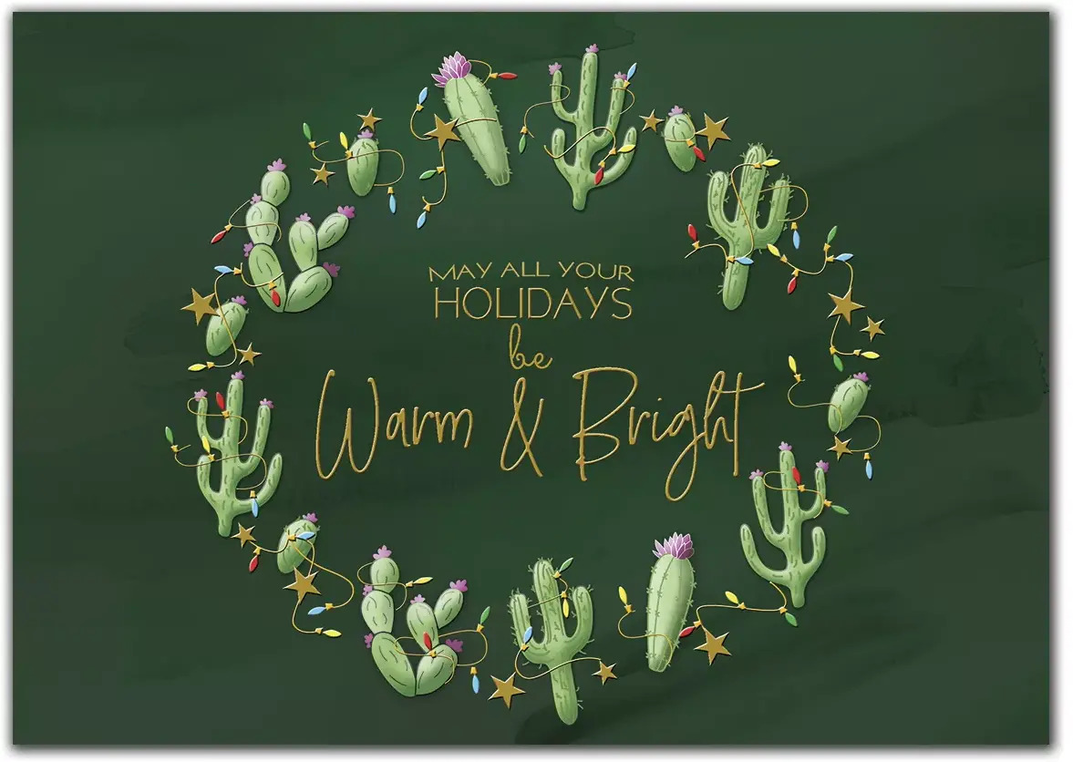 Custom printed holiday greeting cards with cactus wreath.