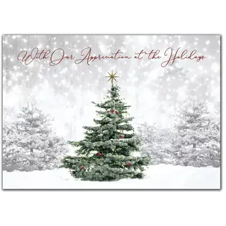 Custom holiday cards with single green tree in snowy forest