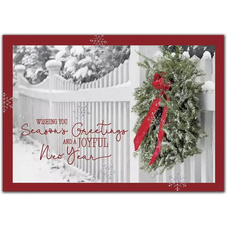 Custom greeting cards with white picket fence and decorated wreath.