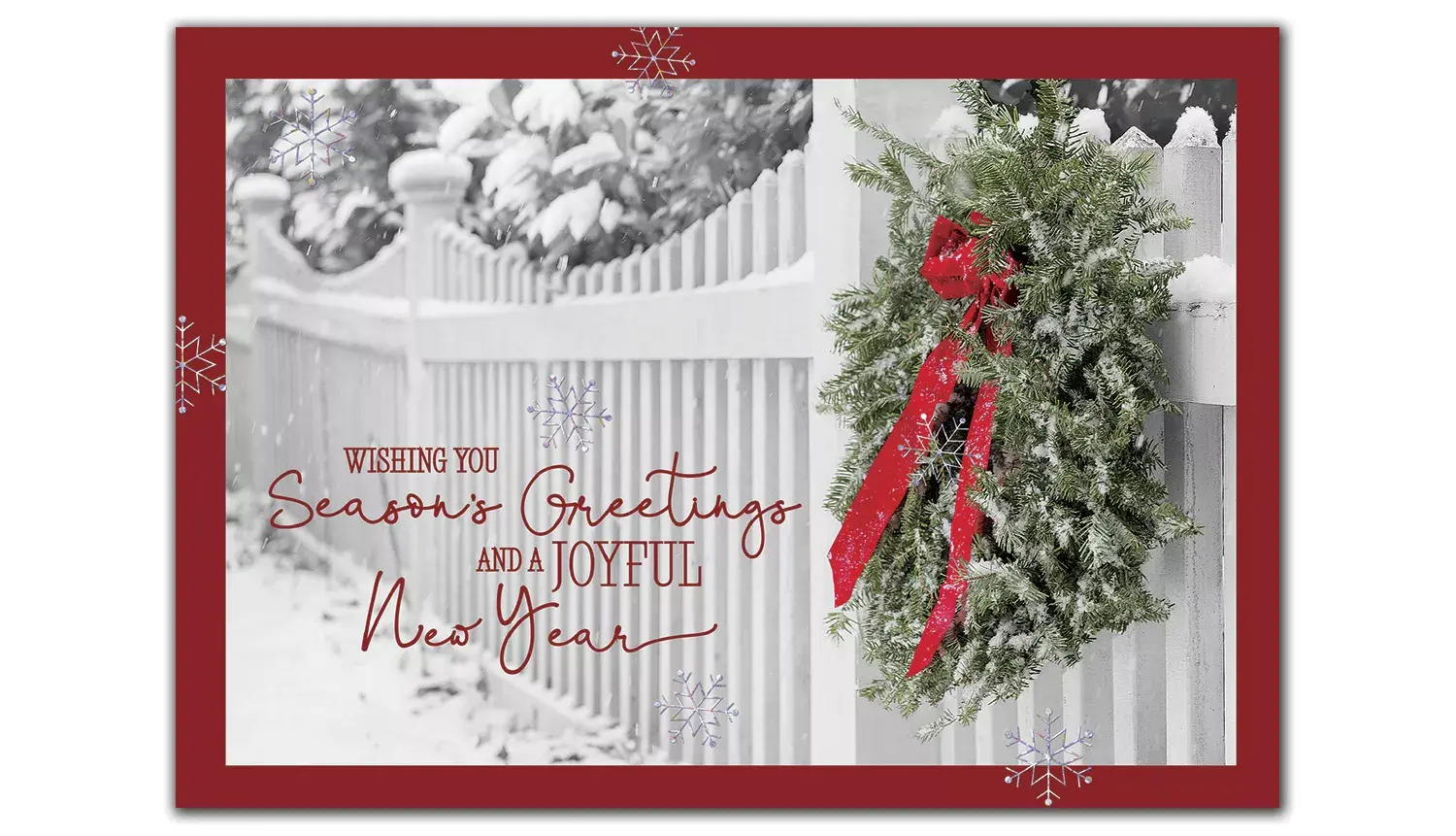 Custom greeting cards with white picket fence and decorated wreath.