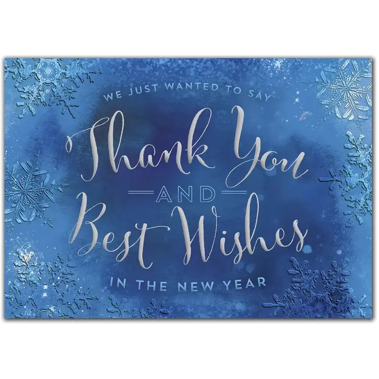 Custom blue and silver greeting cards with Thank You and New Year wishes.