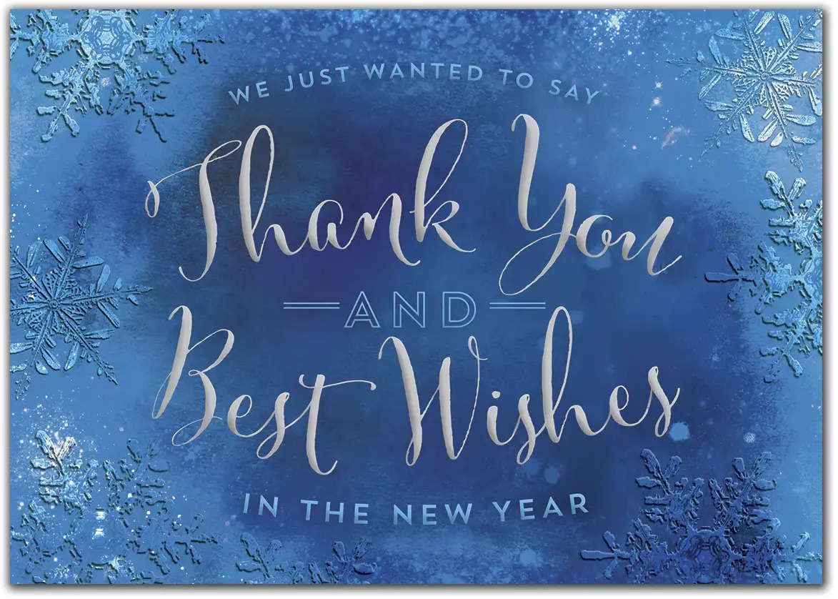 Custom blue and silver greeting cards with Thank You and New Year wishes.