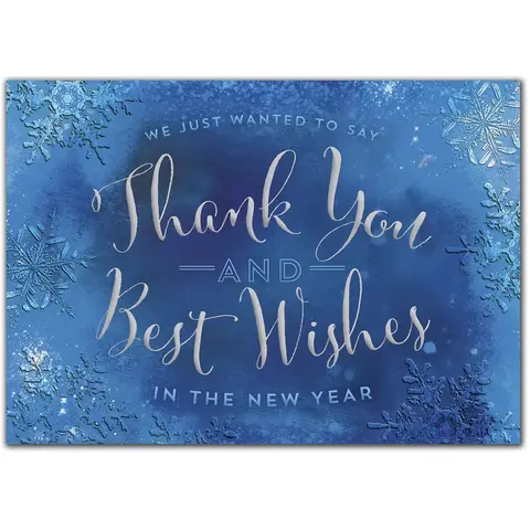 Custom blue and silver greeting cards with Thank You and New Year wishes.