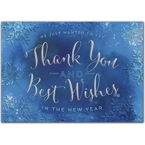 Custom blue and silver greeting cards with Thank You and New Year wishes.