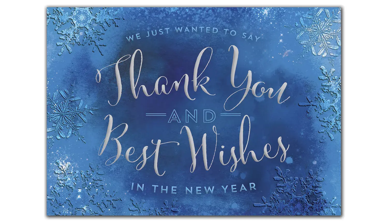 Custom blue and silver greeting cards with Thank You and New Year wishes.