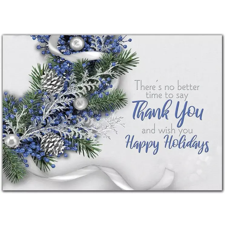 Custom printed holiday cards with blue and silver decorated wreath 