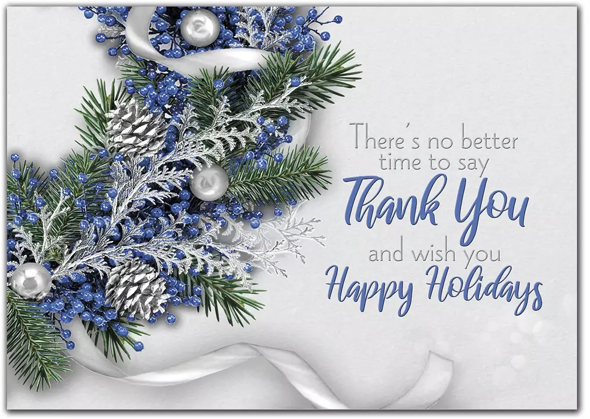 Custom printed holiday cards with blue and silver decorated wreath 