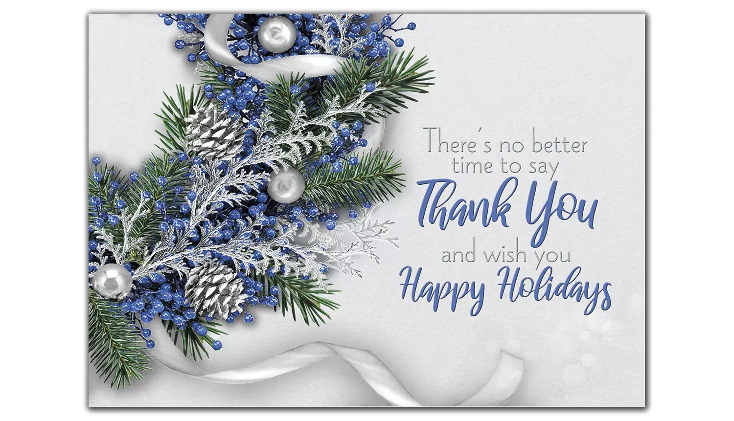 Custom printed holiday cards with blue and silver decorated wreath 